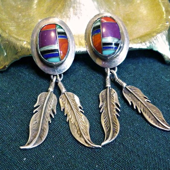 Zuni Jewelry - Vintage Native Zuni Multi Stone Inlay Sterling Feather Dangle Earrings